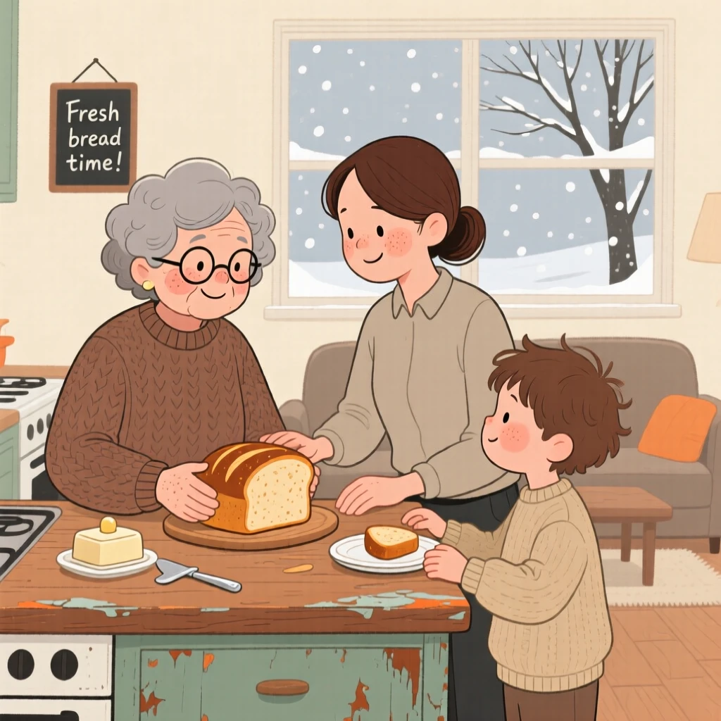 Three generations of a family gather around a worn kitchen counter in the living room, sharing freshly baked bread and stories as snow falls softly beyond the window.