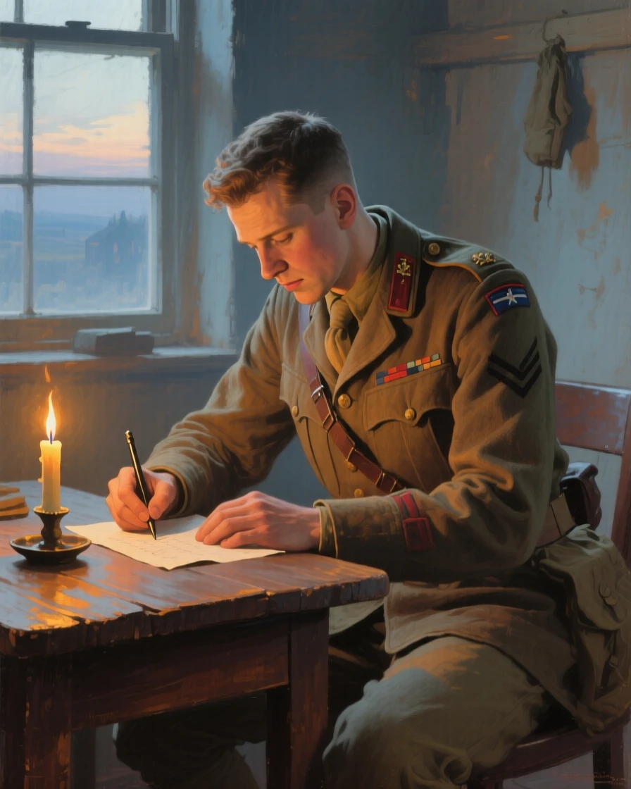 A medium shot of a soldier writing a letter home by candlelight, at dawn, in the mid-20th century.