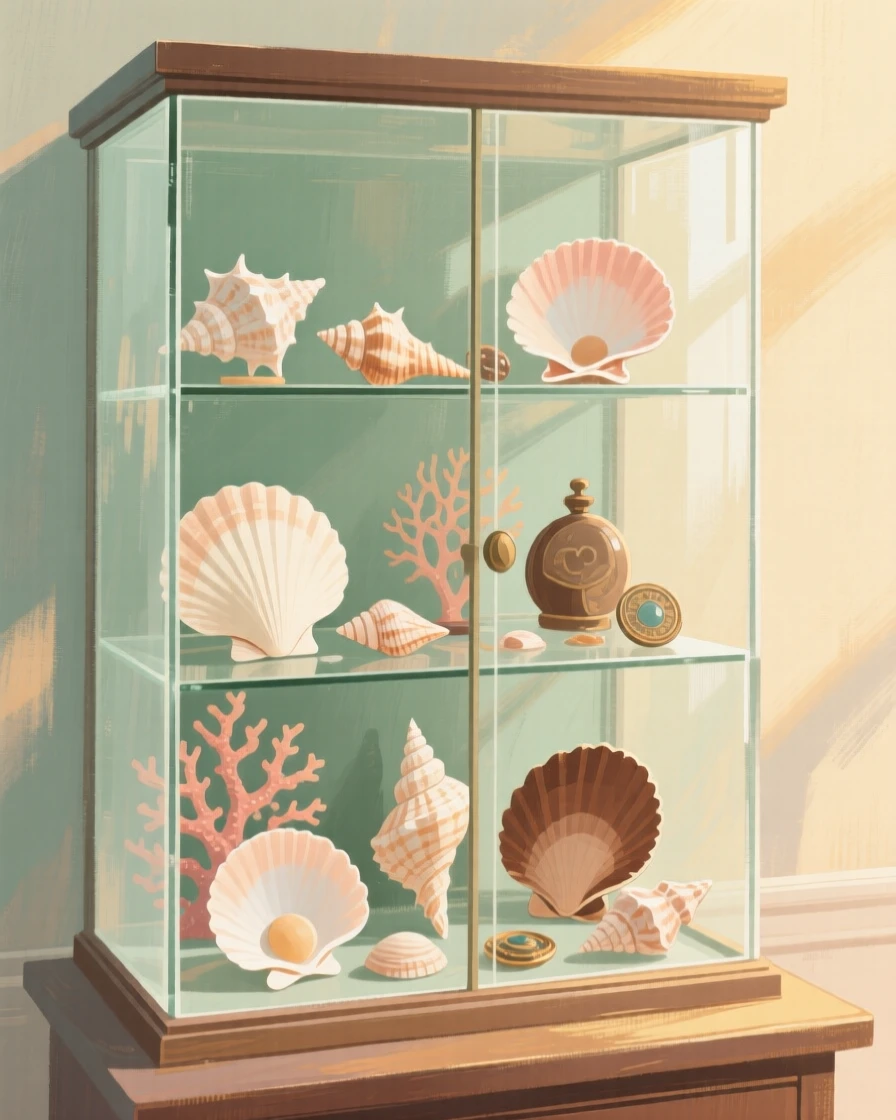 A collection of seashells and curiosities in a glass display case