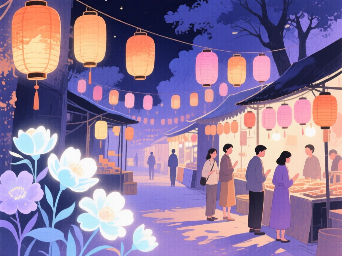 A dreamlike scene of a lantern-lit night market, surrounded by luminous flowers, inviting quiet wonder and imagination