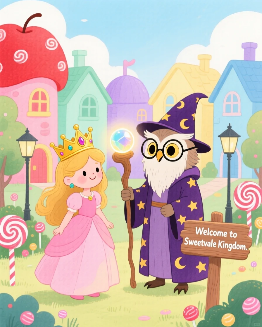 A little princess with a golden crown discovering a candy-colored kingdom for the first time, greeted by a wise old owl wizard.