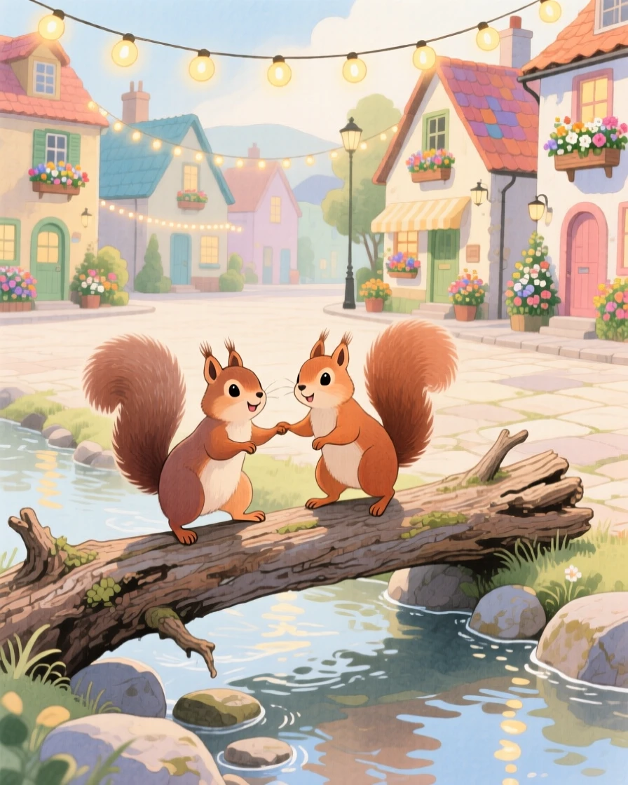 A pair of squirrels balancing on a log across a gentle stream, set in a village square decorated with fairy lights, sparking a feeling of tender nostalgia.