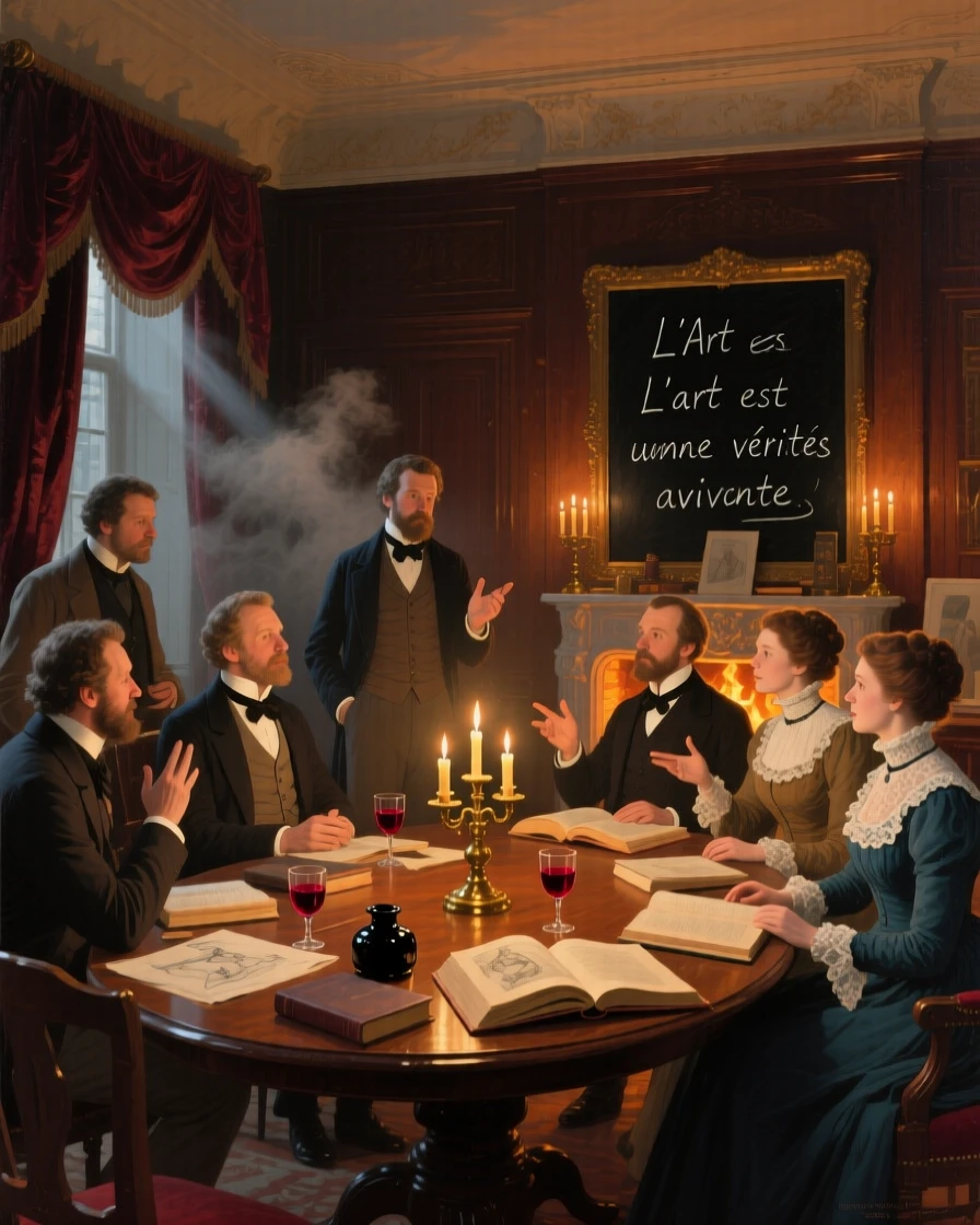 A French salon gathering of artists and intellectuals in candlelit conversation, with dust and motion conveying the energy of the historical moment, bringing a vivid, immersive moment of history to life
