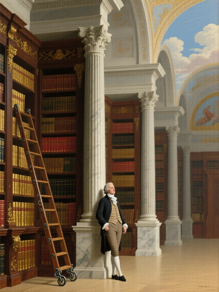 An opulent library with towering shelves and a rolling ladder resonating with the faint echo of distant footsteps, set within a royal residence steeped in history, with towering columns rising toward a painted, cloud-filled ceiling; a lone figure or object provides scale against the soaring architecture, suggesting both luxury and profound stillness.