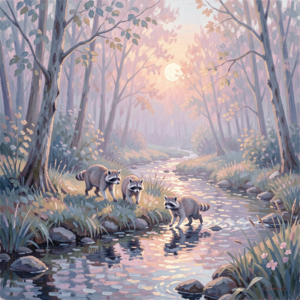 A raccoon family exploring a moonlit forest clearing beside a babbling brook, as the first light of dawn breaks.