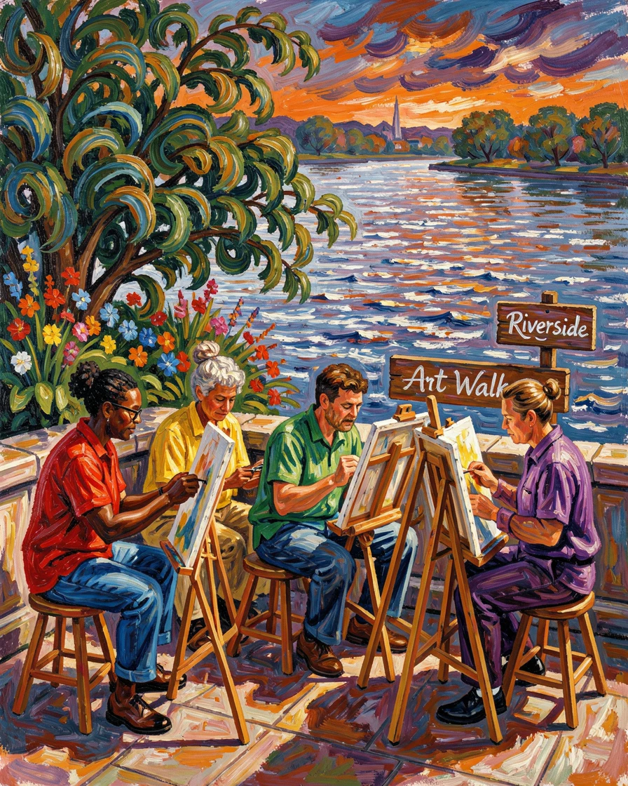 A group of artists painting side by side along a riverside promenade.