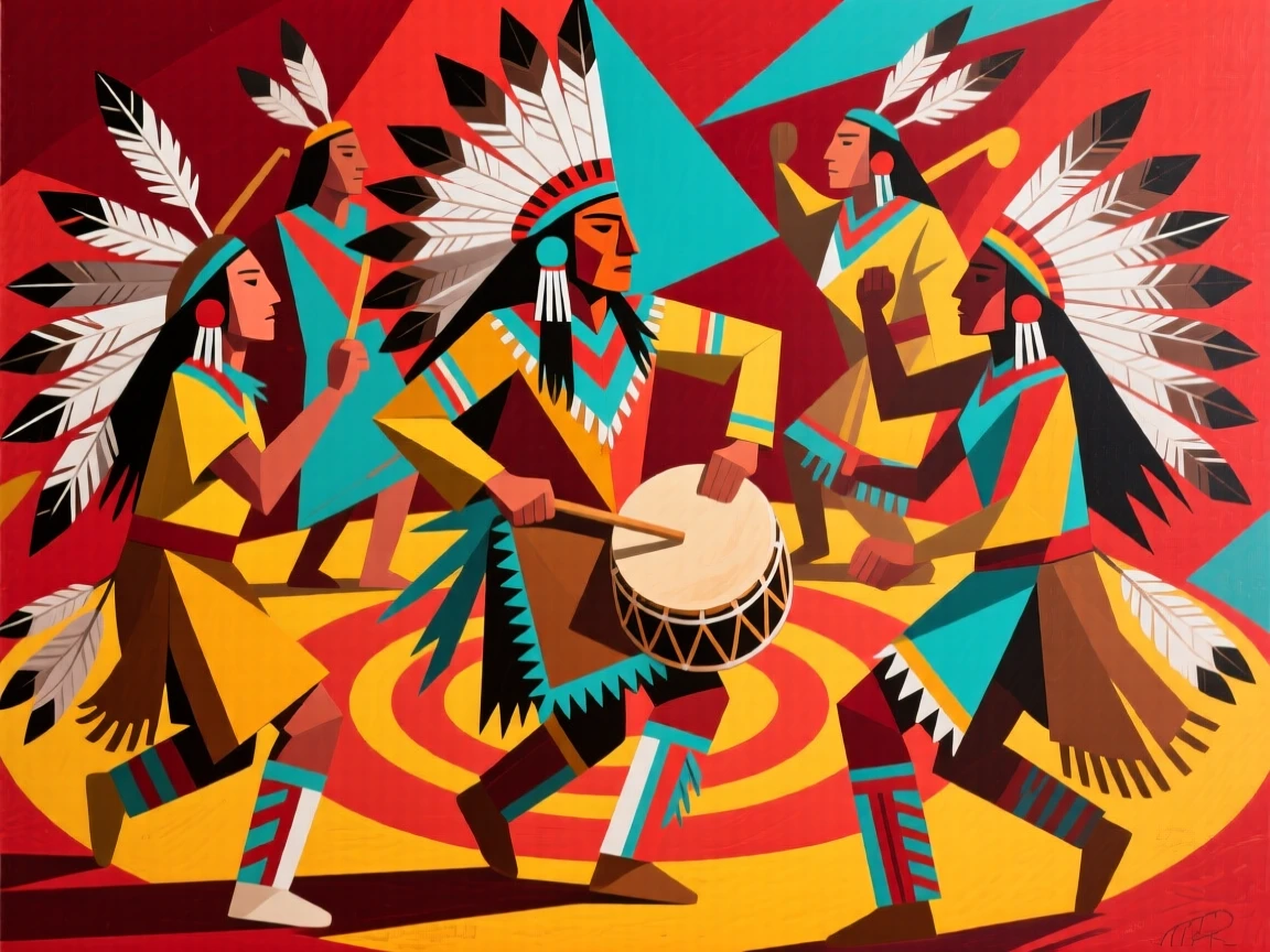 A traditional Native American powwow with dancers in vibrant feathered regalia.