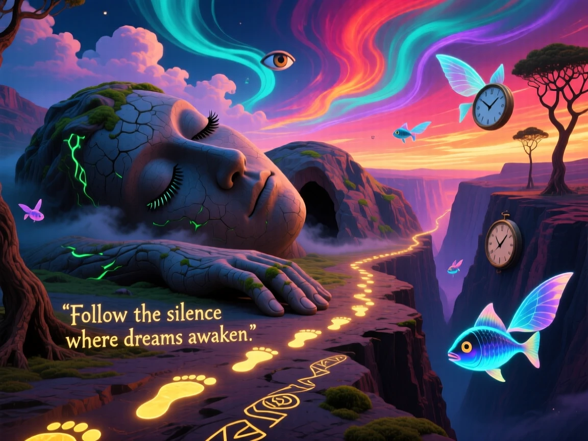 A canyon carved into the shape of a giant sleeping figure stretches endlessly beneath a sky of shifting colors, while a trail of glowing footprints marks a path forward.