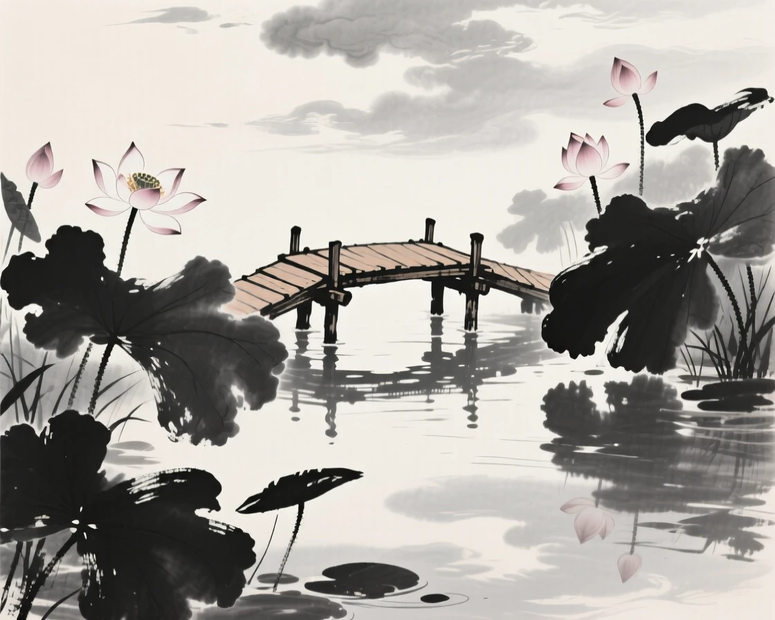 Lotus flowers bloom around a small wooden footbridge, as the pond reflects a sky full of soft clouds.