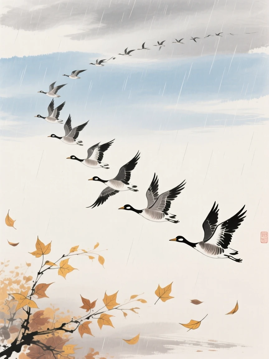 Wild geese flying in a long formation across an open sky, in a gentle drizzle, as autumn leaves turn golden.