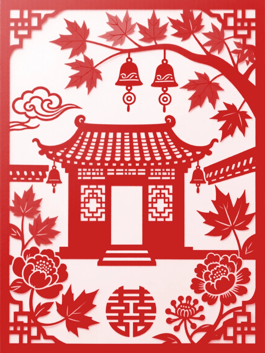 A courtyard house, beneath a canopy of autumn maple leaves, its rooftop bells chiming softly in the breeze.