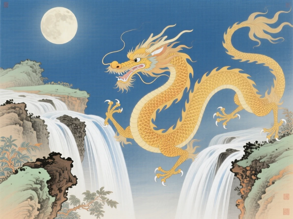 A golden dragon coiling gracefully through the air beside a waterfall glowing with moonlight