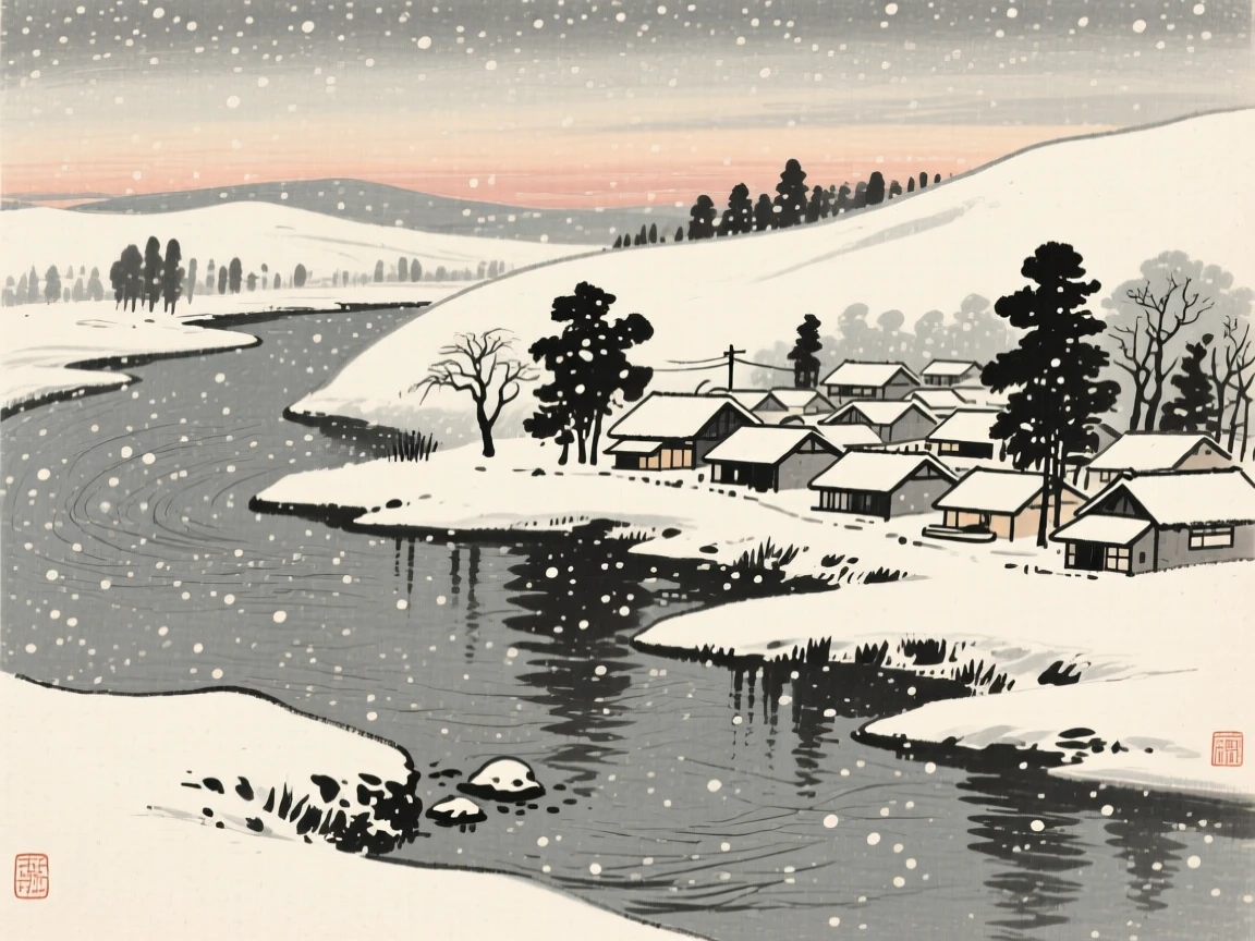 A winter snowfall blanketing a sleeping village beside a slow-moving river at dusk, seen from a gentle elevated view over the gathering below, capturing the quiet magic of a changing season.
