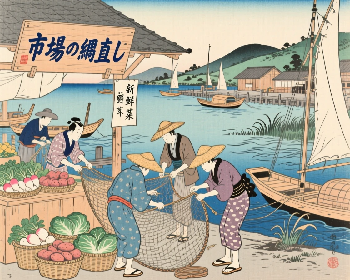 A farmers market stall mending nets together on a busy harbor dock.