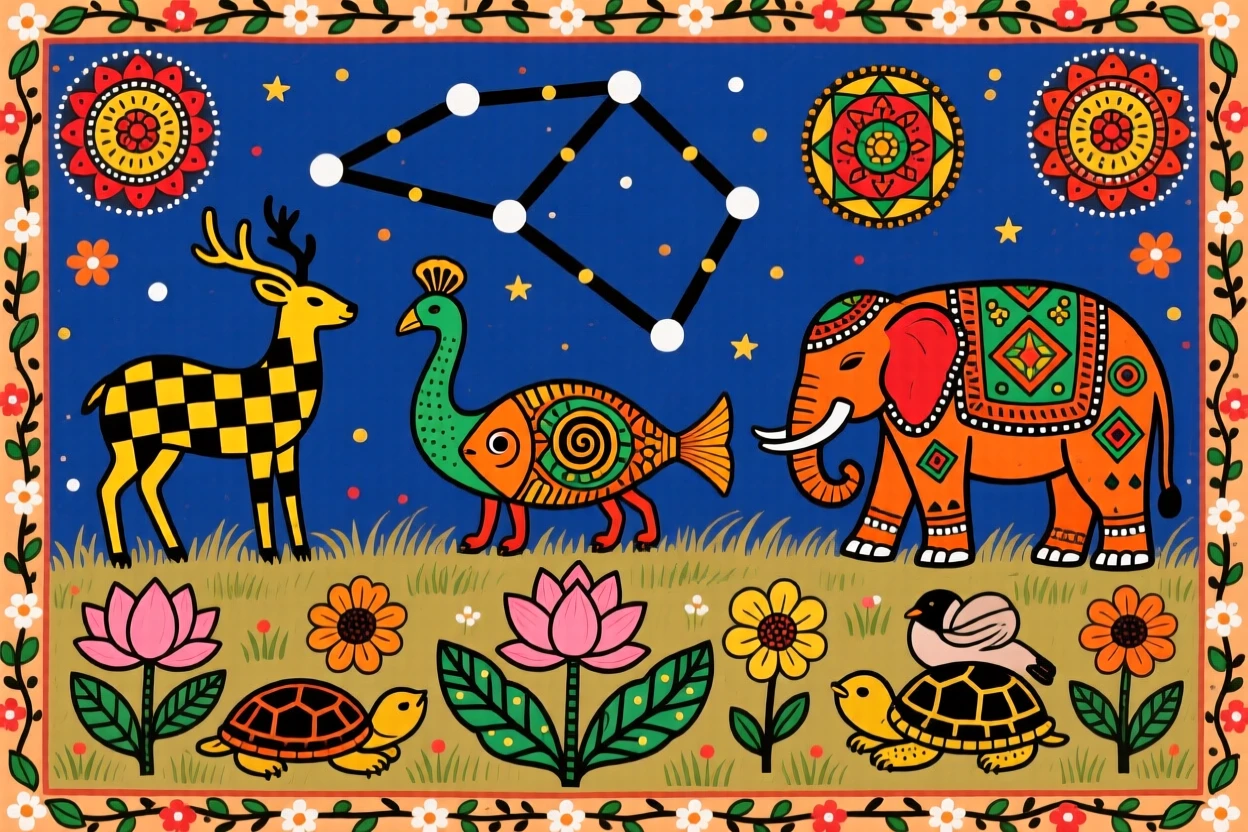 Constellations forming the shapes of animals above a sleeping meadow.
