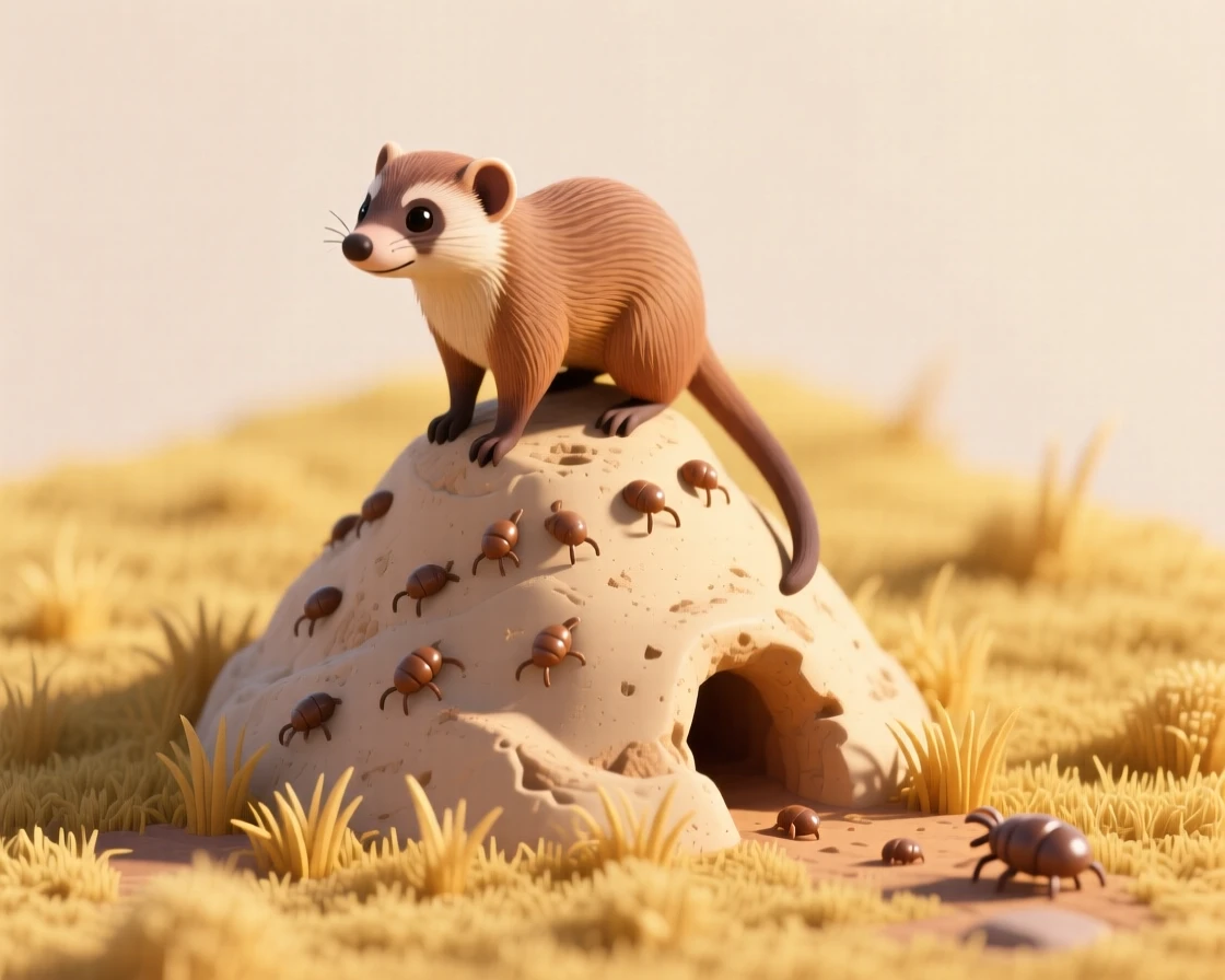A curious mongoose standing alert on a termite mound, scanning the golden grassland for danger.