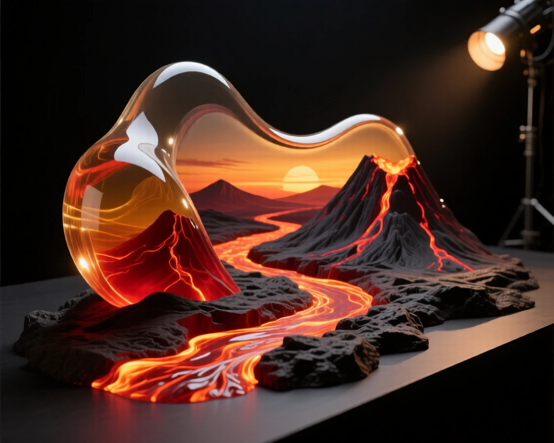 A volcanic landscape with glowing lava rivers at dusk bathed in the warm glow of sunset, rich saturated colors, evoking a deep sense of wonder.