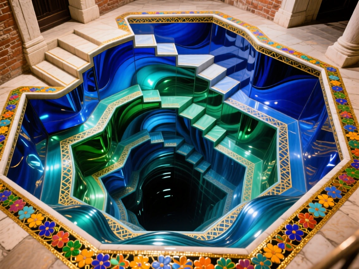 An ancient stepwell descending in geometric patterns into cool shadow, hypnotic and historic.