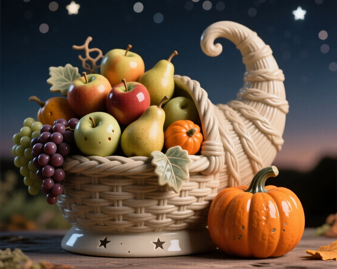 A harvest cornucopia spilling over with fruit caught in a moment of seasonal cheer, glowing softly under a starlit sky, conveying warmth, celebration, and delight.