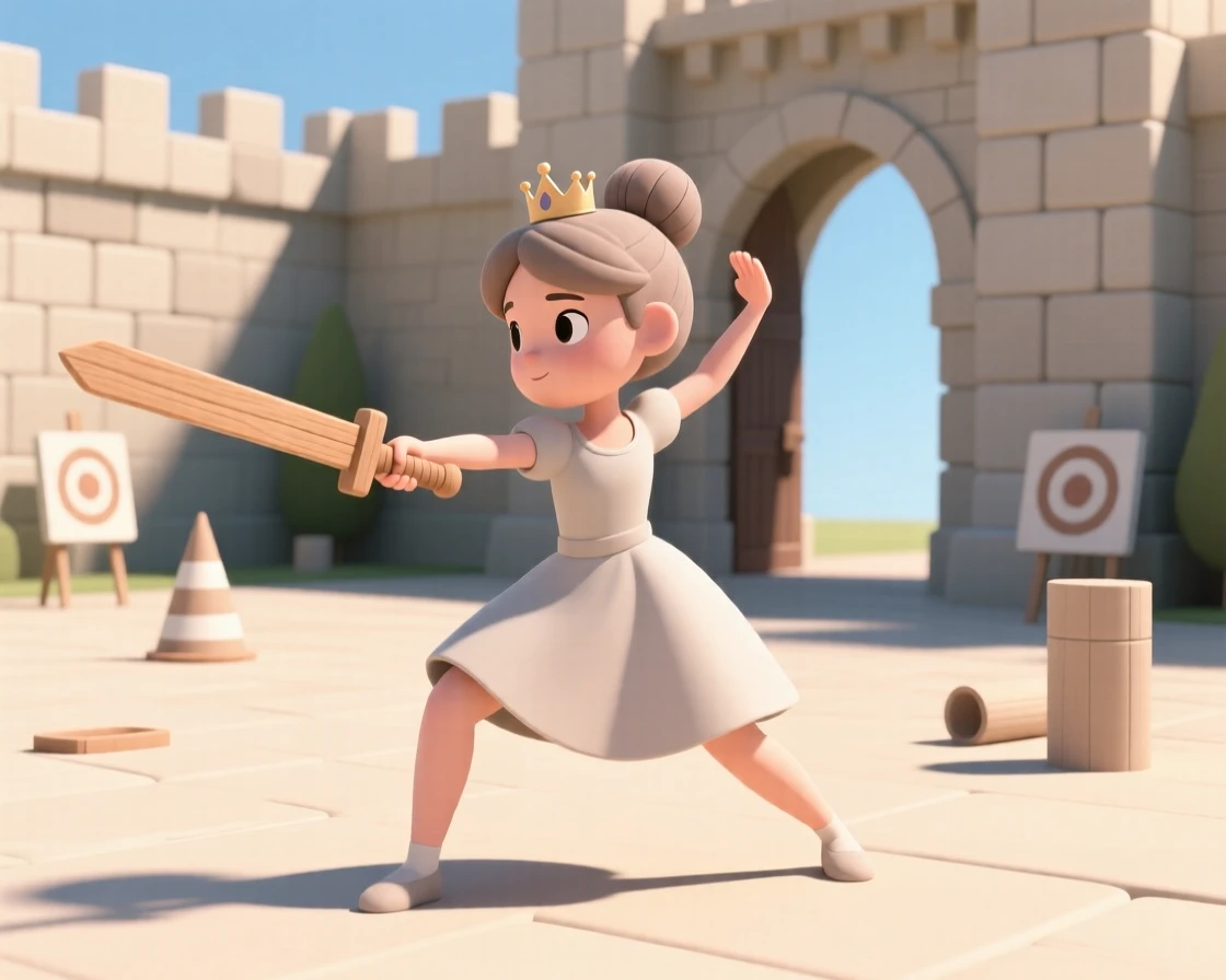 A young princess practices sword fighting with a wooden blade in a sunny castle courtyard, determined and focused.