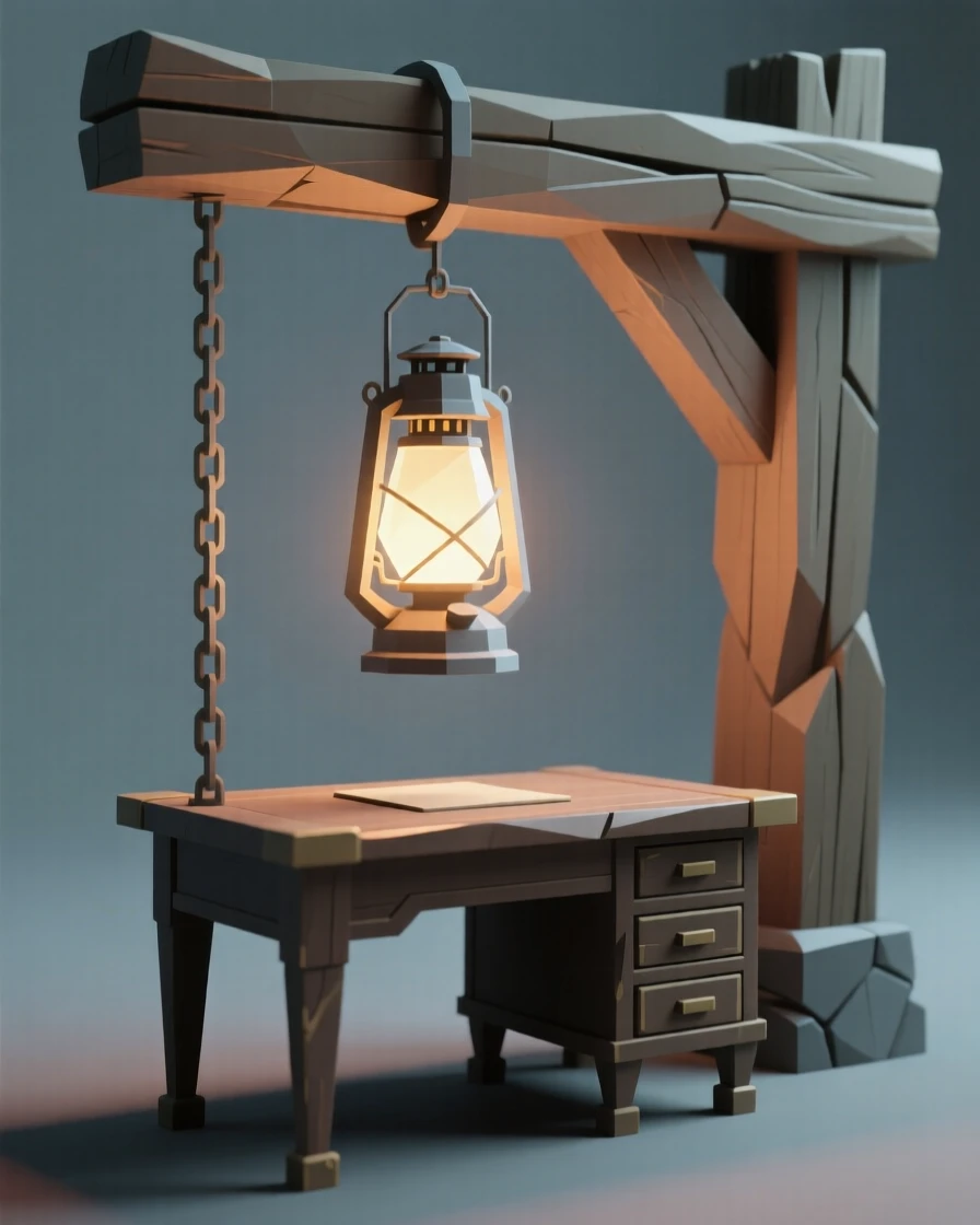 A glowing lantern hanging from a rustic beam, on an antique writing desk. muted tones give the scene a timeless quality. A sense of quiet history fills the objects.