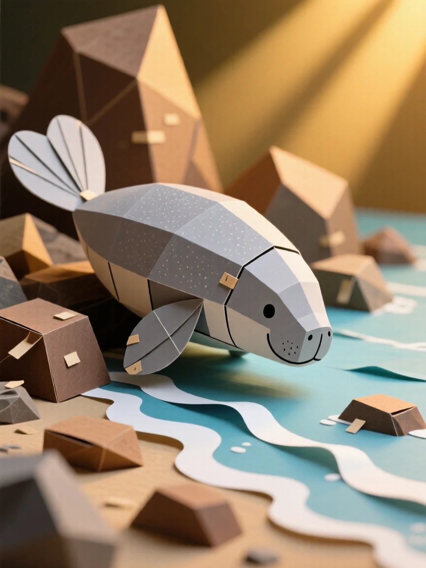 A gentle manatee playing along a rocky shoreline, with soft golden light catching its fur, evoking innocent charm and gentle curiosity.