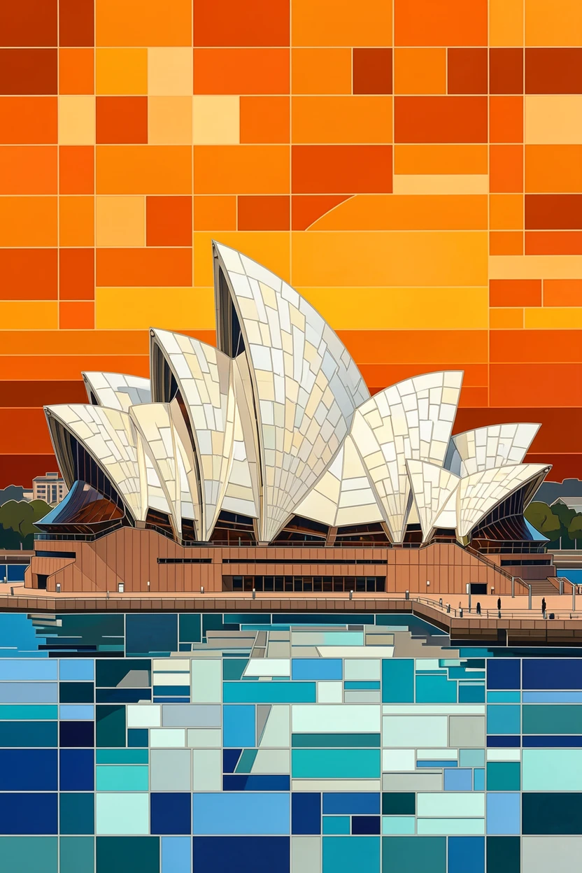 The sydney opera house against a vivid orange sunset sky, viewed from a dramatic elevated vantage point.