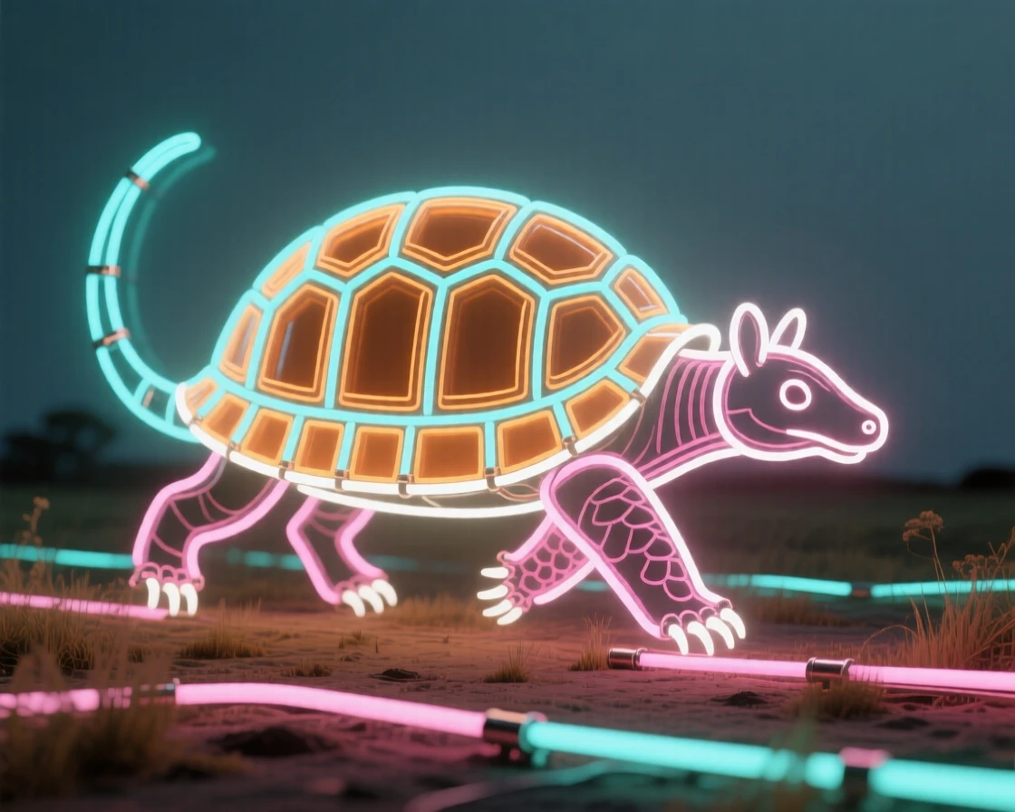 A armadillo captured mid-stride crossing an open clearing.
