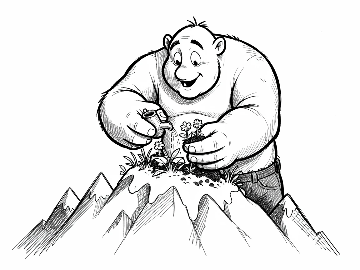 A gentle giant tending a mountaintop garden atop a snowy peak.