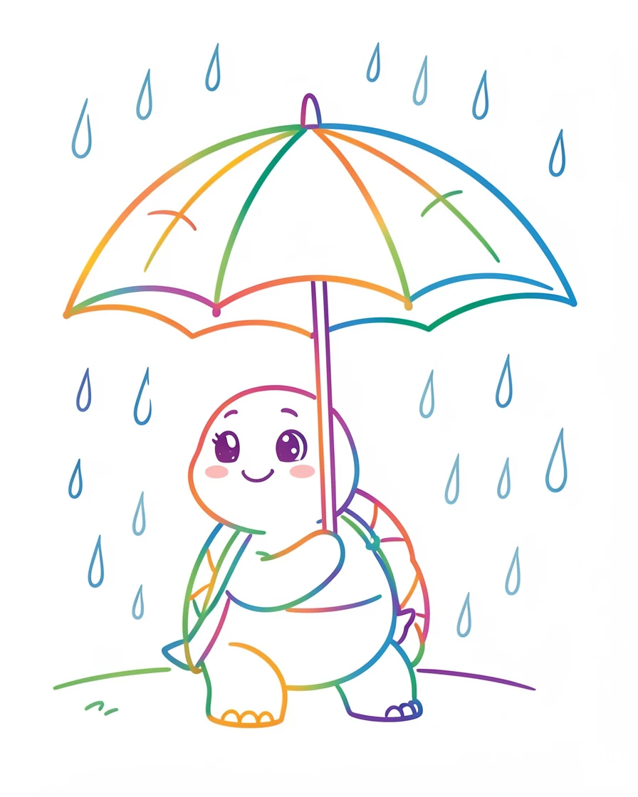 A tiny turtle character wearing a leaf as an umbrella in the rain.