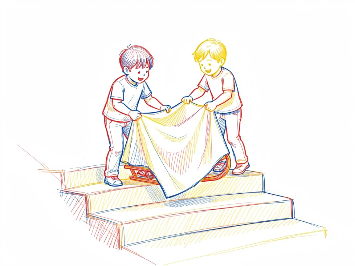 Siblings building a blanket sled and sliding down carpeted stairs