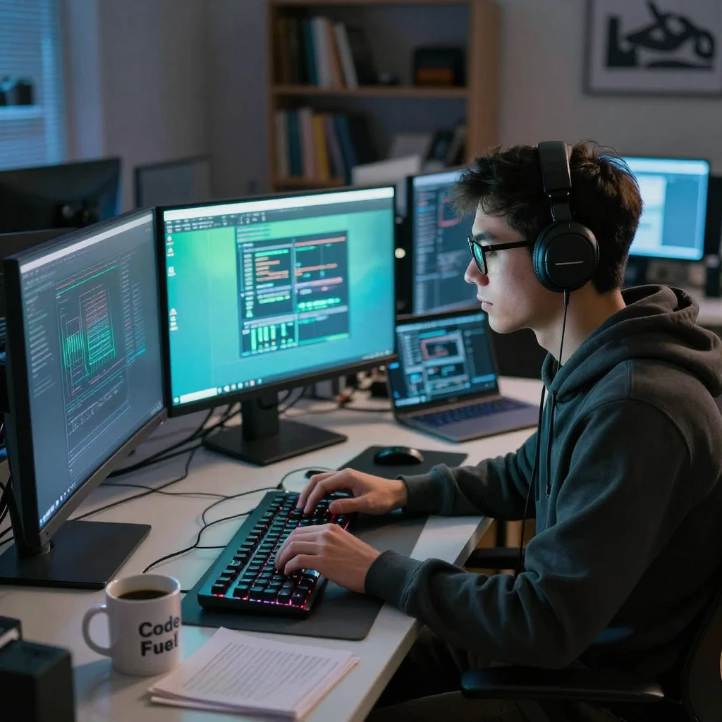 A programmer surrounded by multiple glowing monitors at night