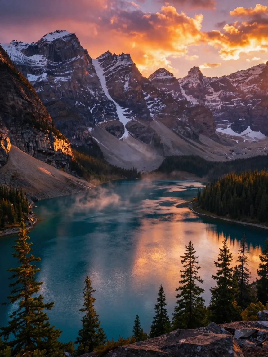 A network of glacial lakes glowing under the light of a setting sun