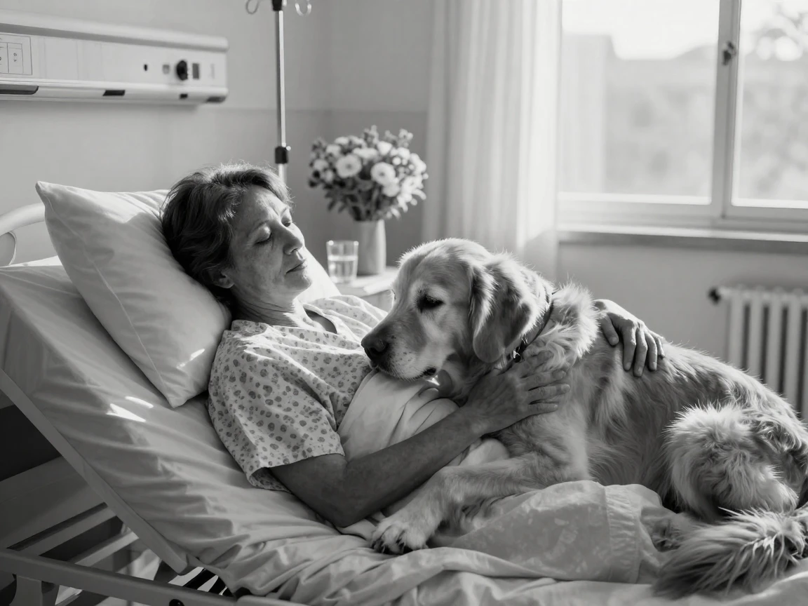A therapy dog comforts a patient in a hospital bed in a sunlit care facility room.