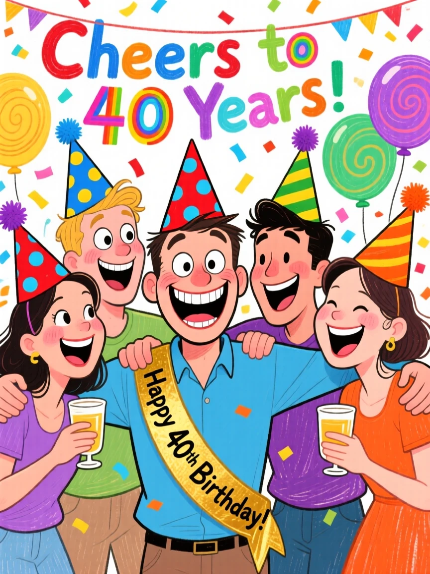 A group of friends celebrating a milestone birthday with matching party hats.