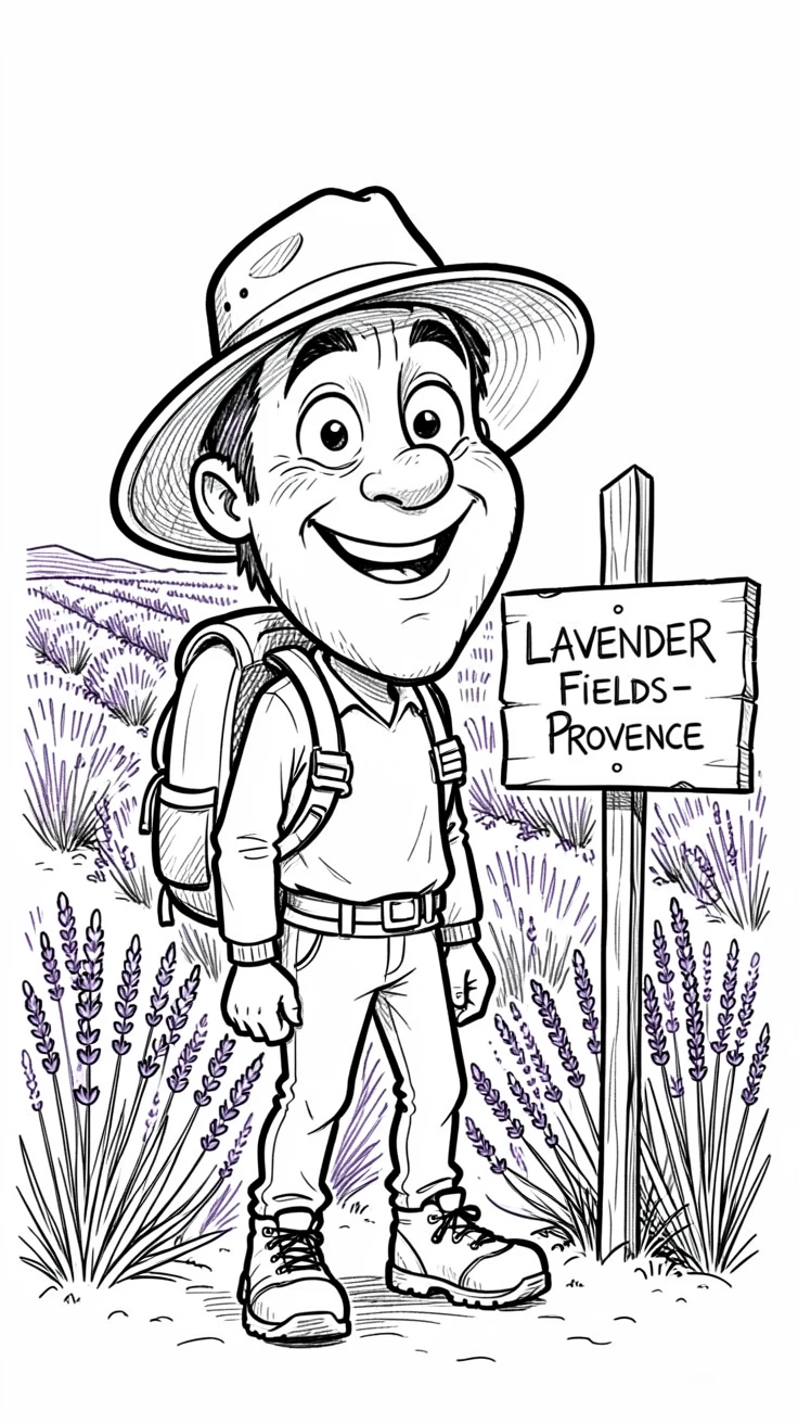 [Travel & Cultural Experiences] Vivid travel scene of a hiker admiring vast lavender fields in Provence, full of wonder and adventure