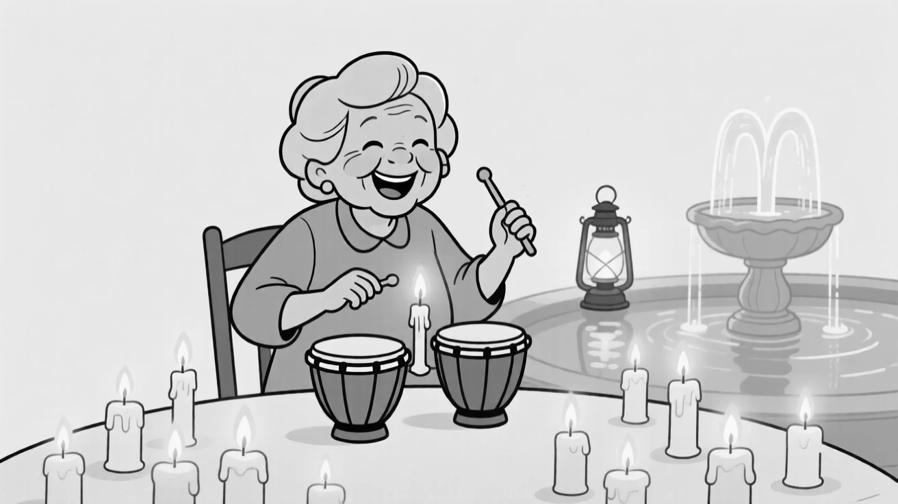 A grandmother lighting candles for a family celebration, tapping out an infectious rhythm on hand drums, set around a table glowing with warm candlelight. Soft lantern light reflects off a nearby fountain. It radiates the timeless magic of coming together to celebrate.