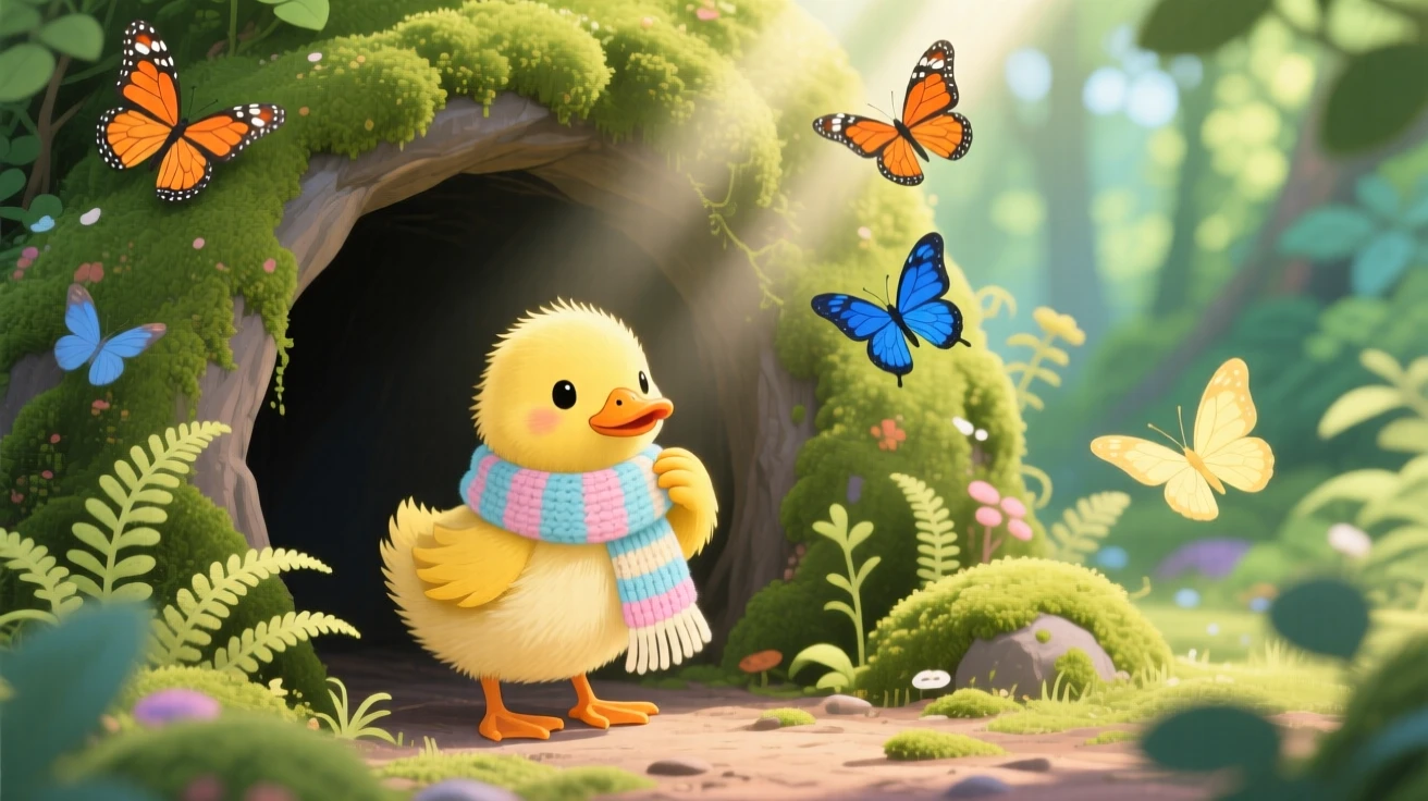 A fuzzy duckling pauses from wearing a tiny knitted scarf to look up in the mouth of a mossy cave, while butterflies flutter nearby.