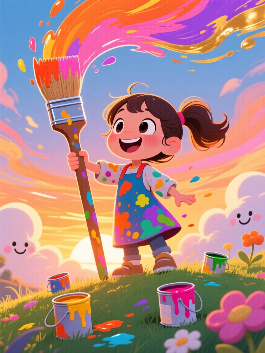 A girl picturing herself painting the sunset with a giant brush.