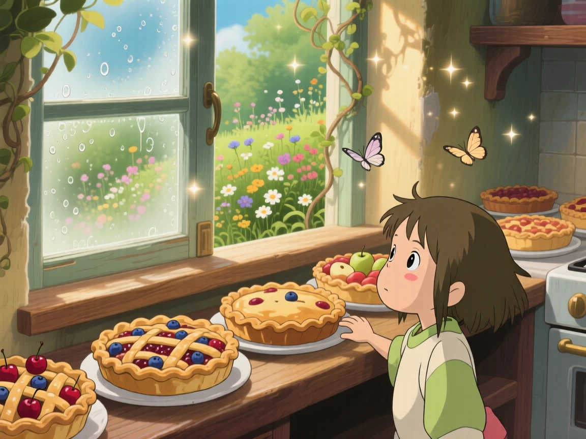 A warm, inviting scene of a windowsill lined with cooling pies, as morning light streams through a nearby window.