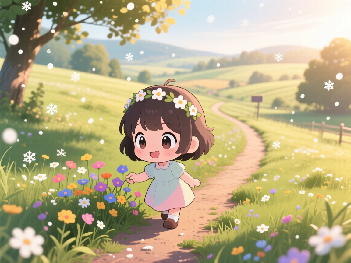 High aerial view: a small girl, picking wildflowers along a countryside trail, set against a sunlit rural path amid softly falling snow, with warm morning light filtering through leaves and a mood of wide-eyed wonder.