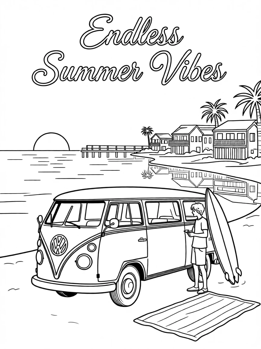 A classic VW van parked near a surf beach at sunset, with a river reflecting the surrounding architecture.