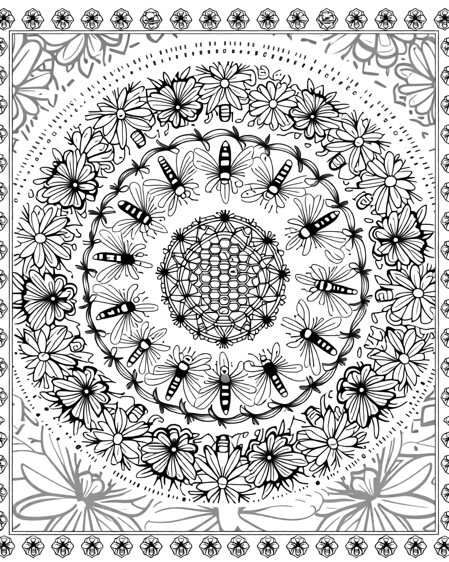 A mandala built from a spiral of interlocking bees around a honeycomb.