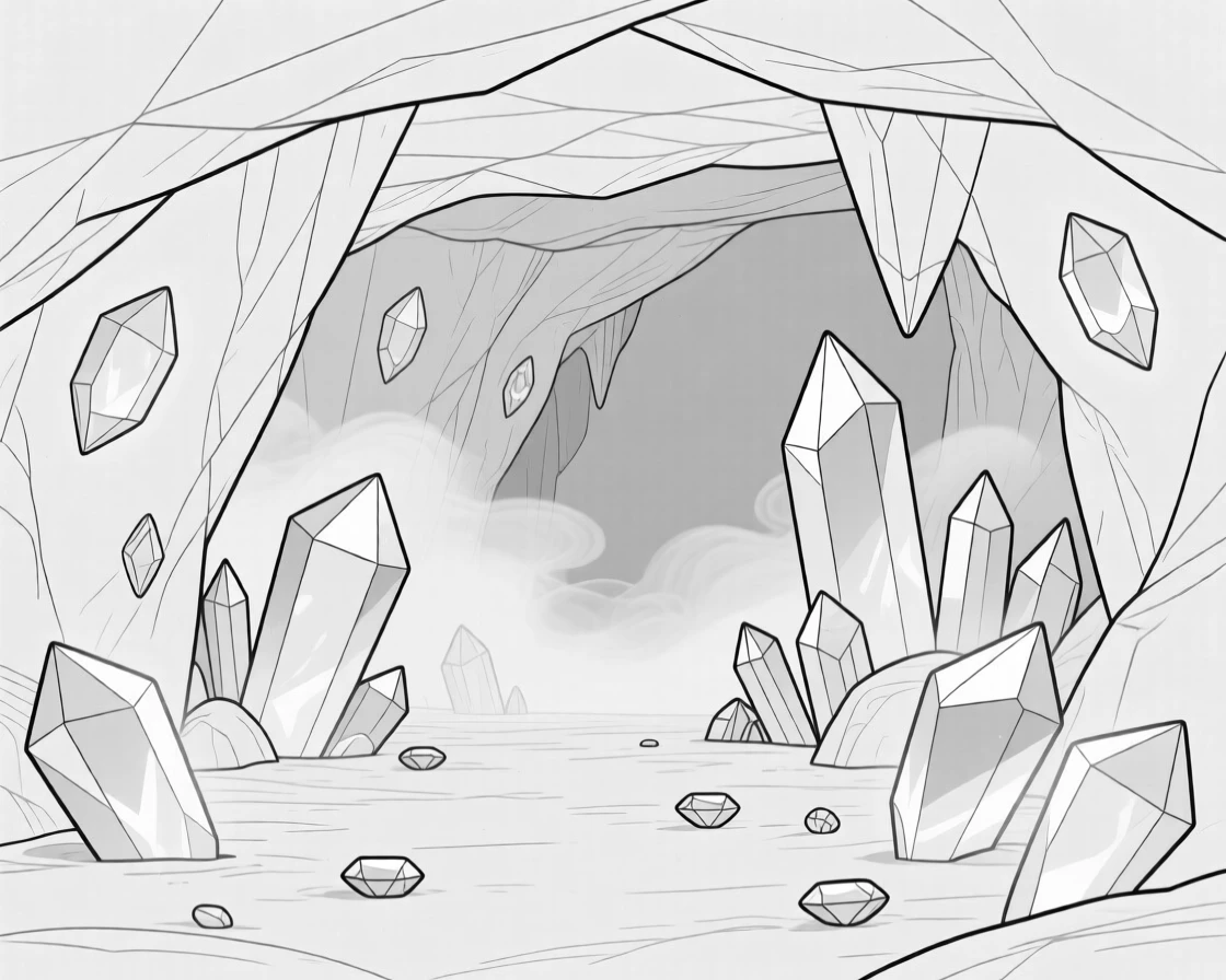 A crystal cave filled with glowing gemstones and mist