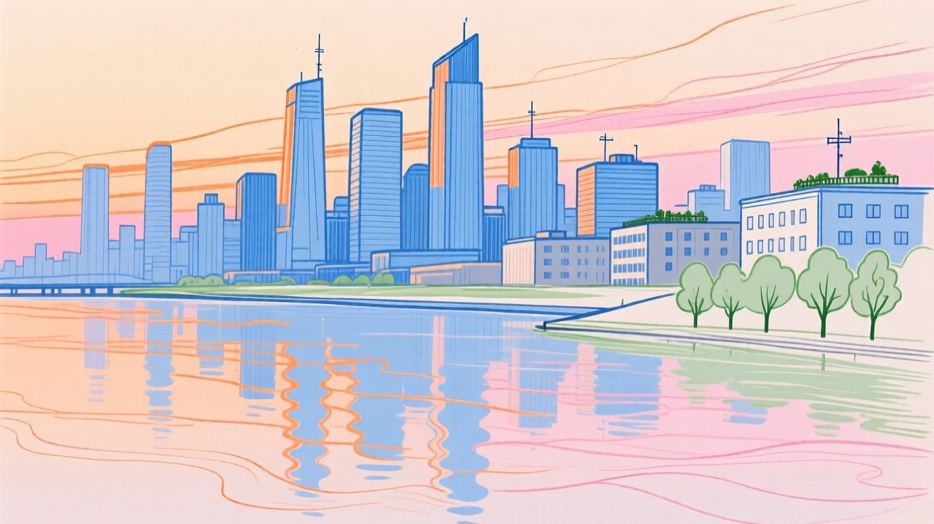 A modern city skyline reflected in a calm river at dusk.