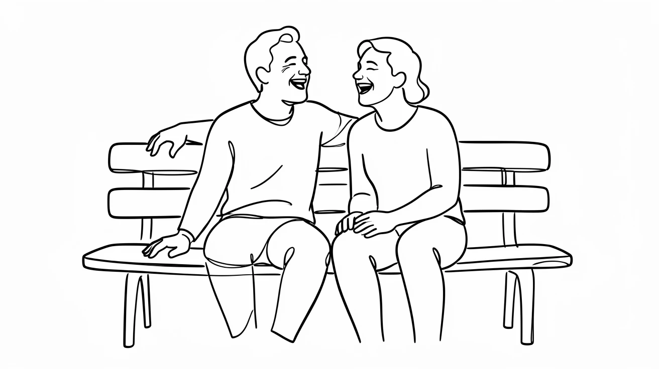 Two best friends laughing together on a park bench
