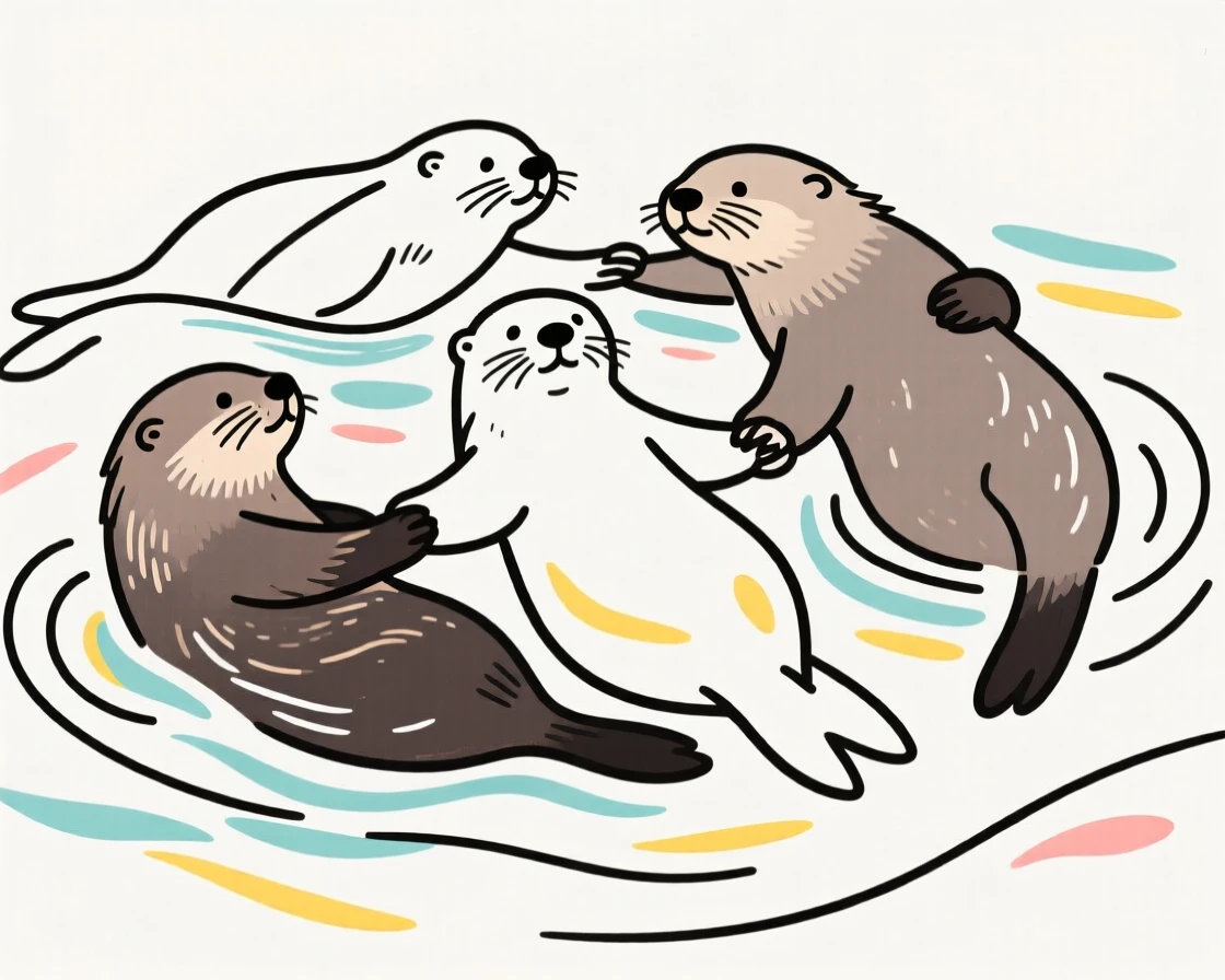 A group of sea otters holding hands while floating together.