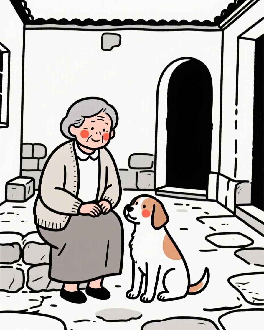 A grandmother with a rescue dog, in an old stone courtyard.