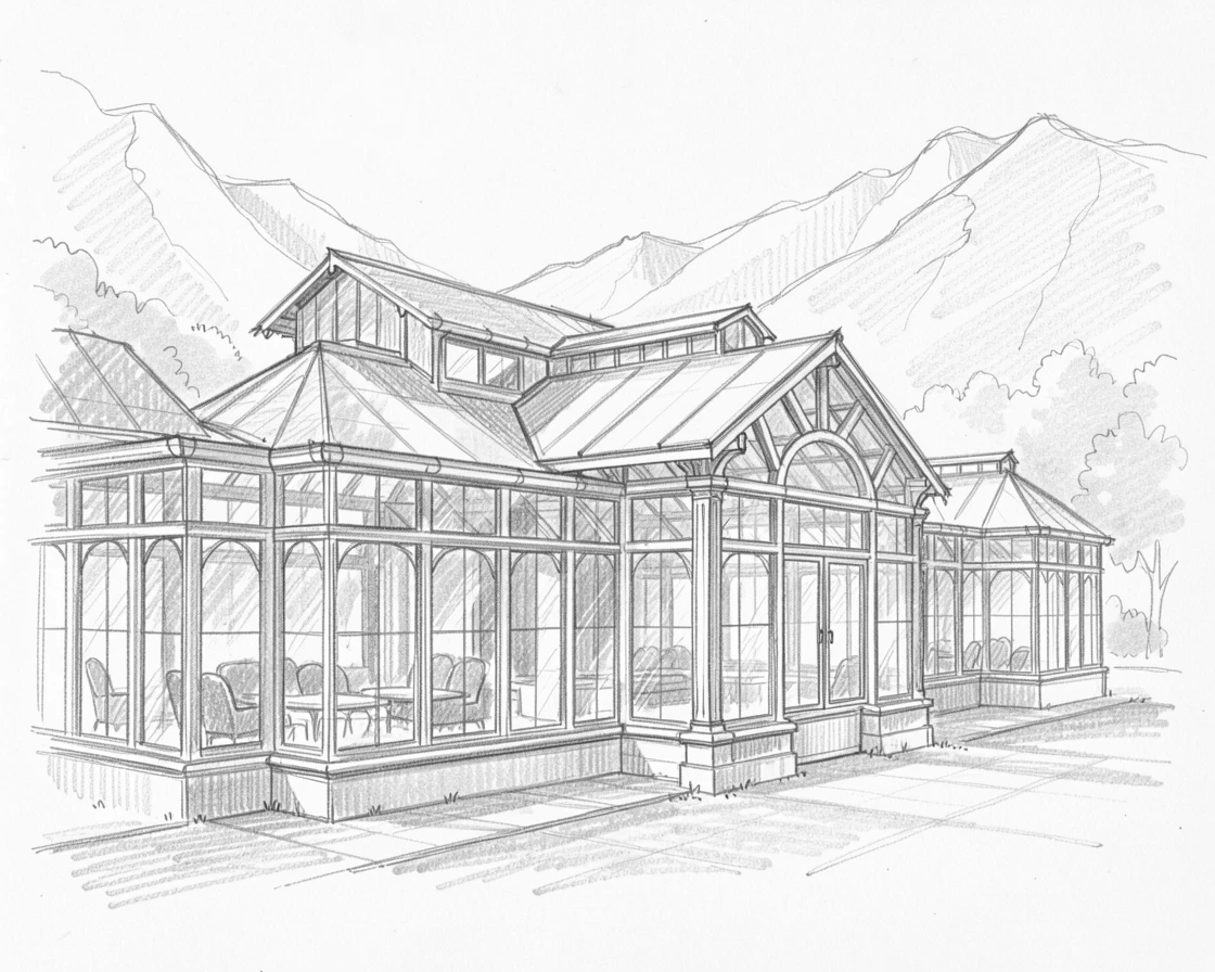 Sweeping architectural view of an elegant glass greenhouse conservatory, in the soft light of early morning, with distant mountains framing the skyline.