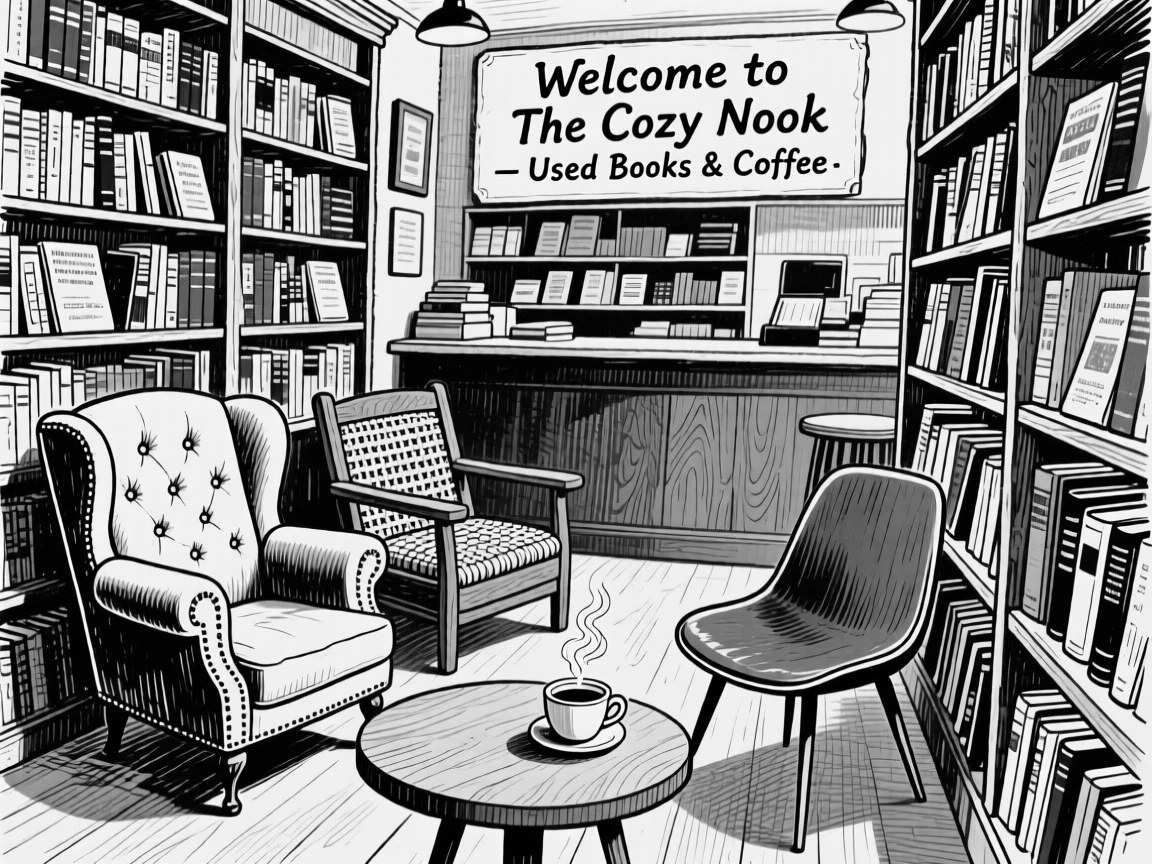A cozy bookshop café with mismatched armchairs and shelves of used books.